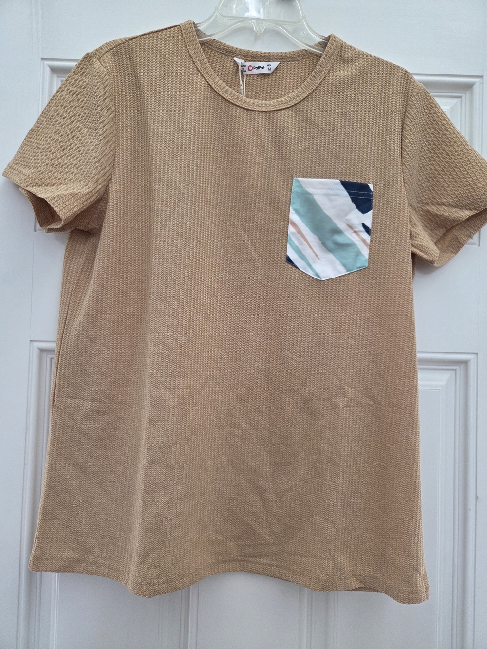 PatPat Family Matching Tan Waffle Knit Tee with Patterned Pocket Navy, Mint, Tan
